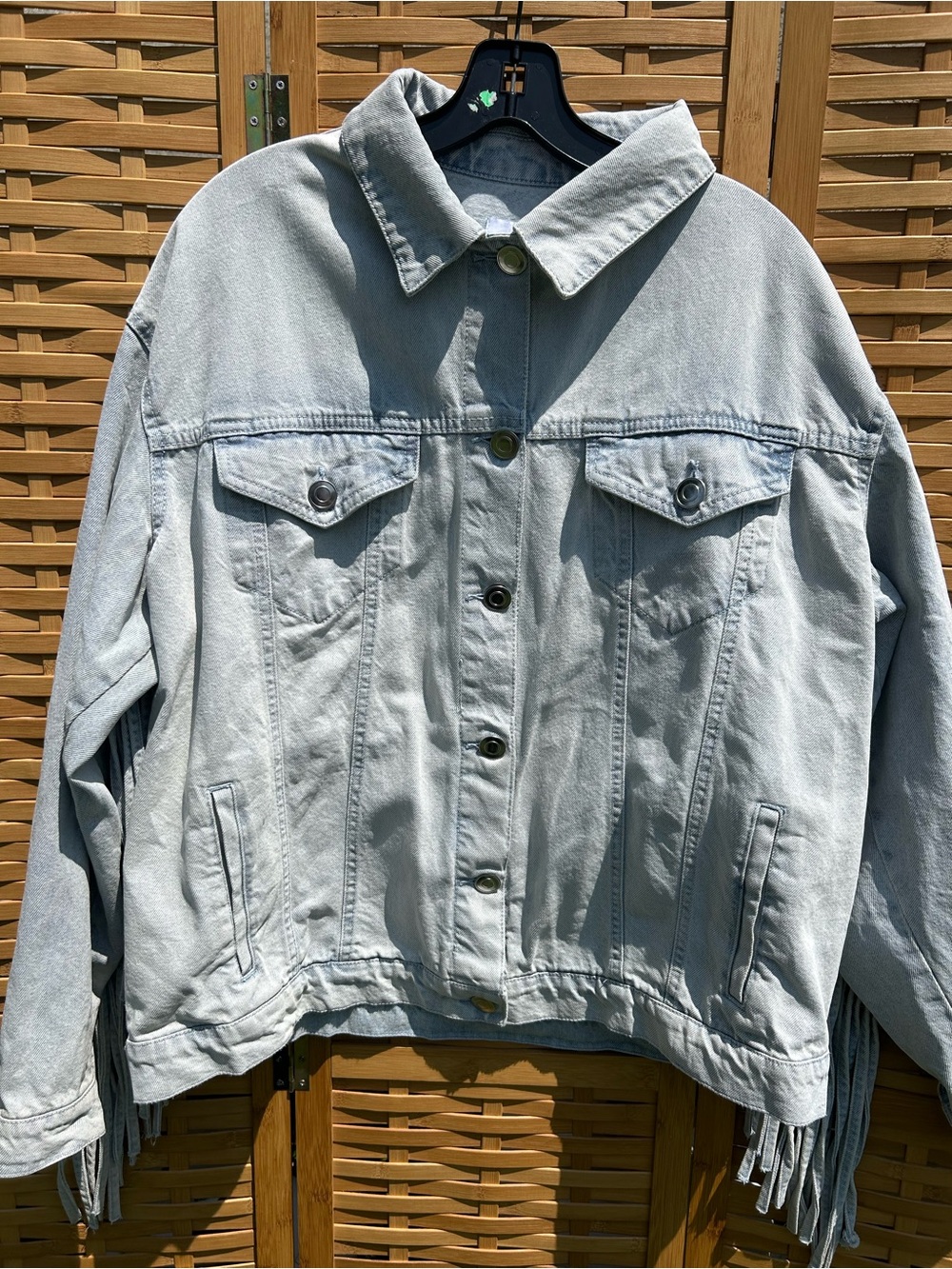 Light Gray Fringe Denim Jacket - Women - Picture 3 of 12